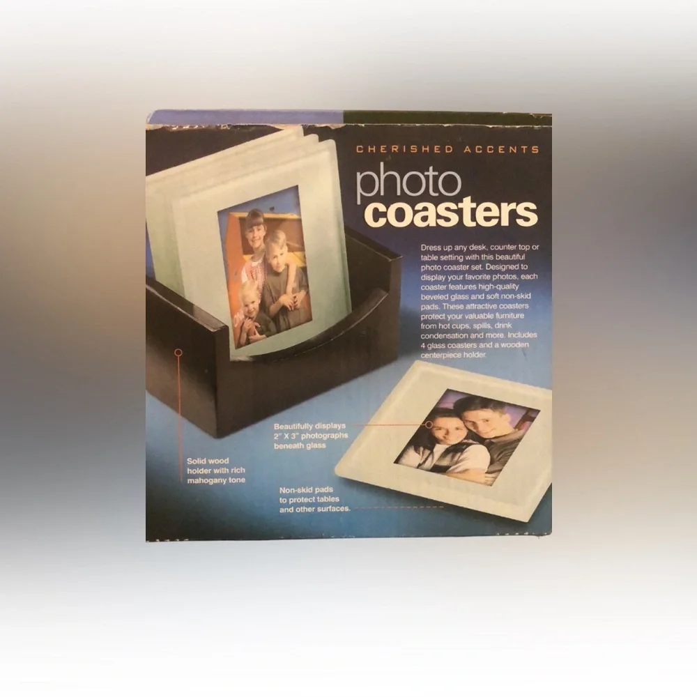 NIB Glass Photo Coasters Set – 2x3 Display – Holder Missing – Box Damaged